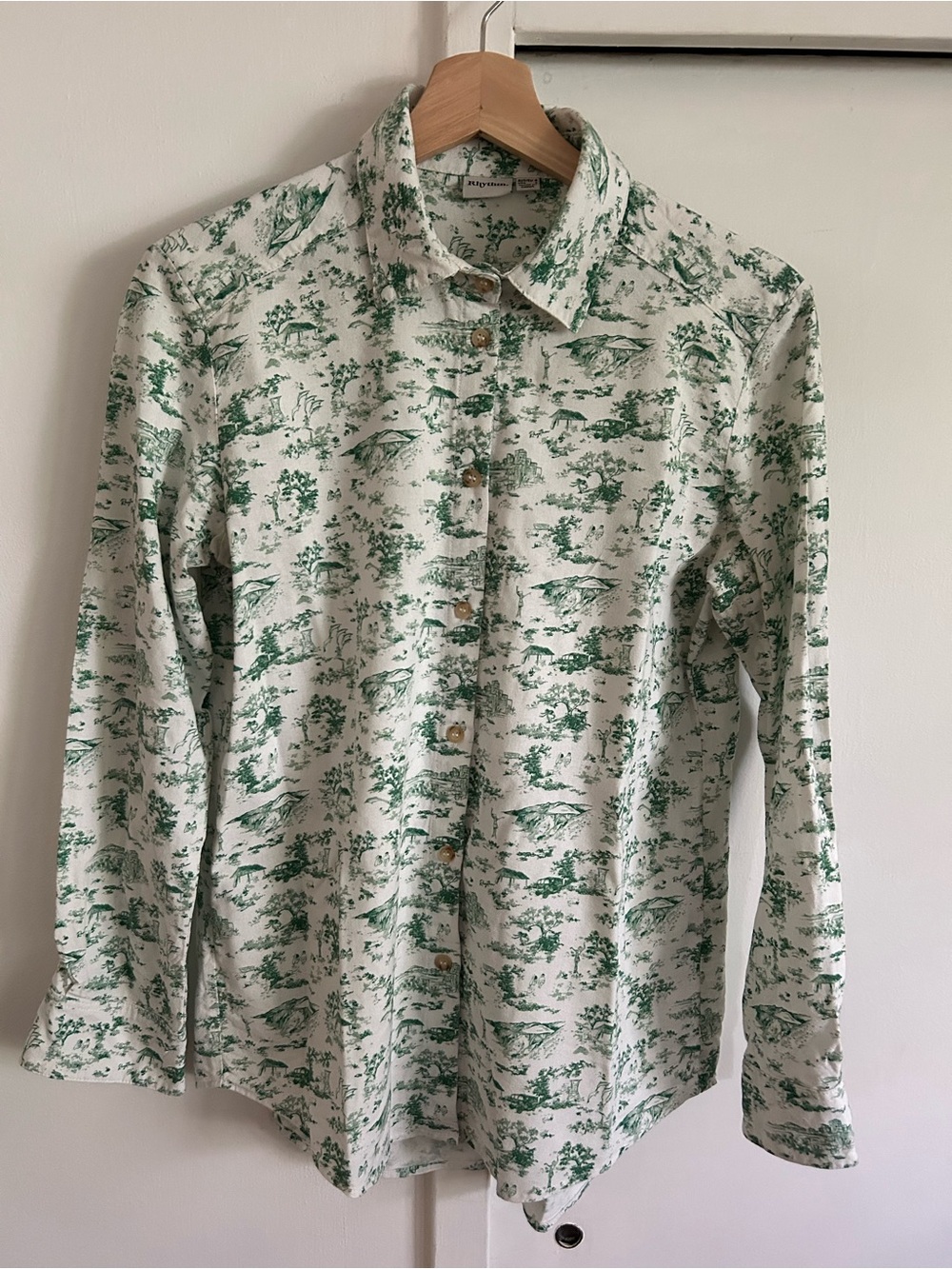 Rhythm White Button-Down Shirt with Green Scenic Print